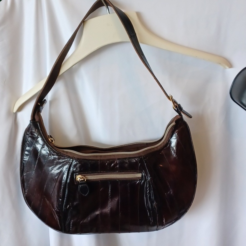Vintage Genuine Brown Soft Leather EEL Skin Burgundy Shoulder Bag, 13" x 7"